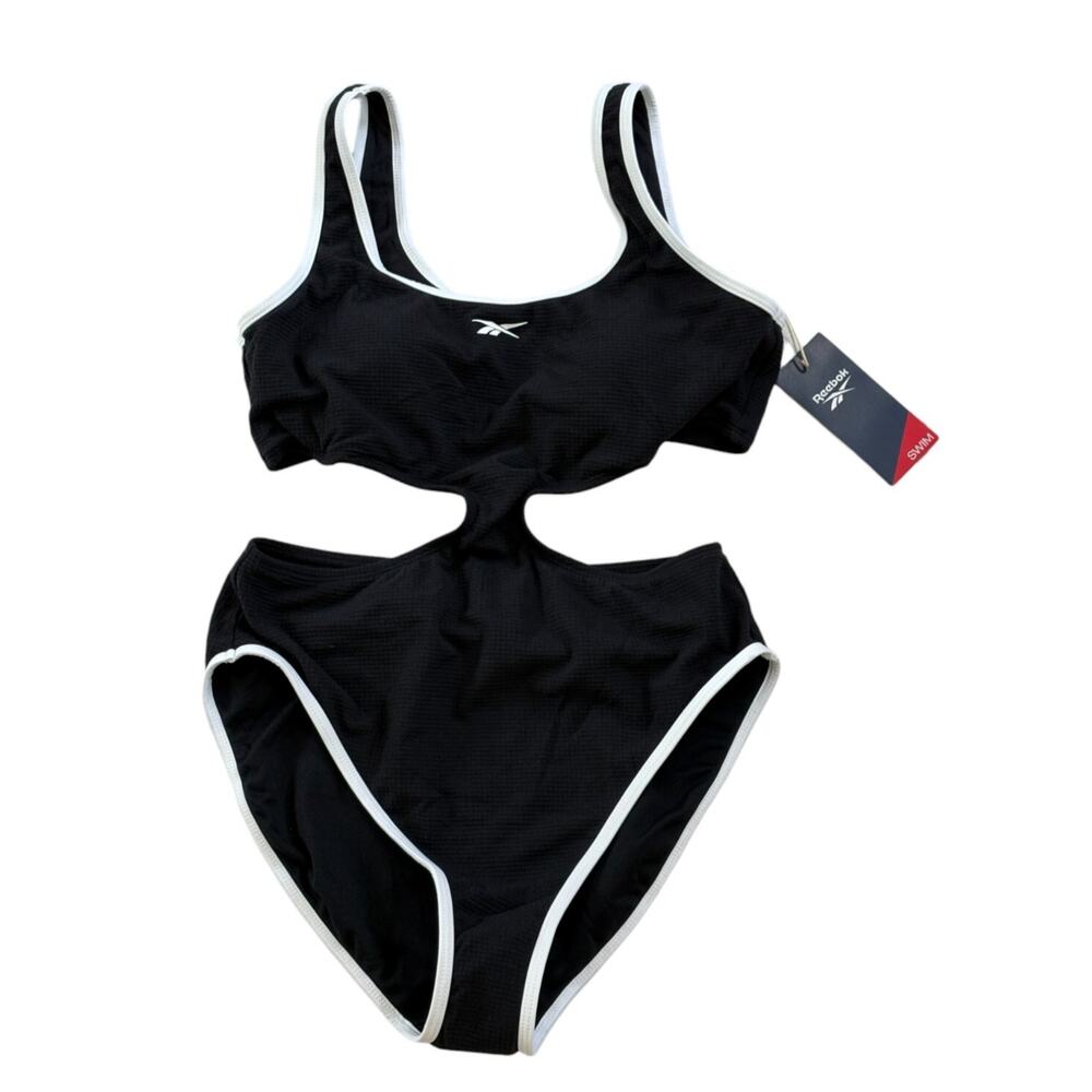 Reebok Black White Monokini Cutout Piping Trim Tank One Pc Swimsuit Sz Large NWT